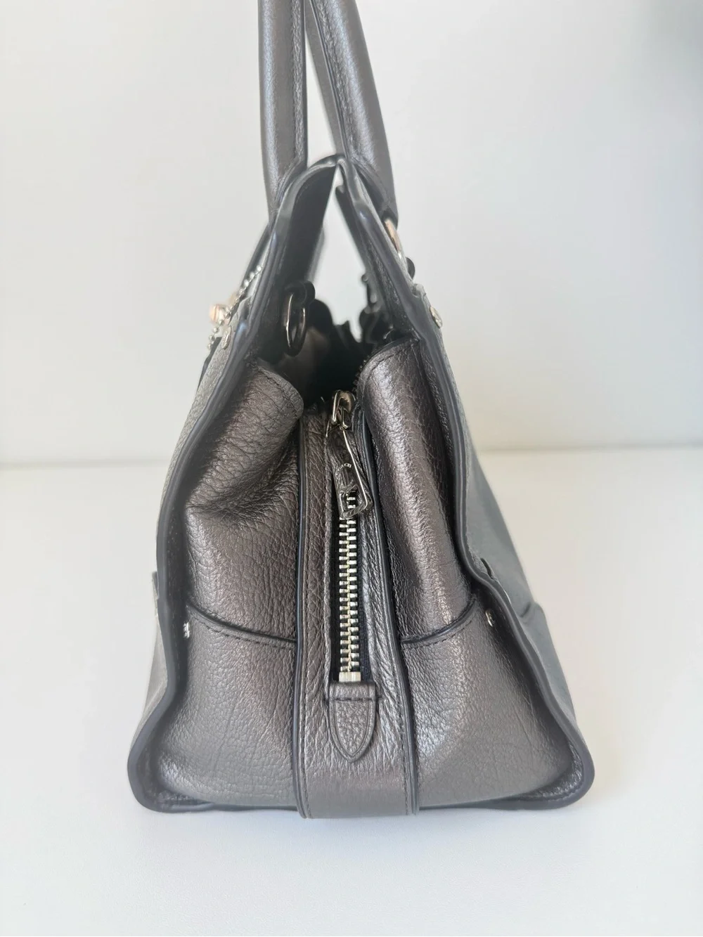 Coach Mercer 30 Satchel in metallic graphite leather with silver-tone hardware